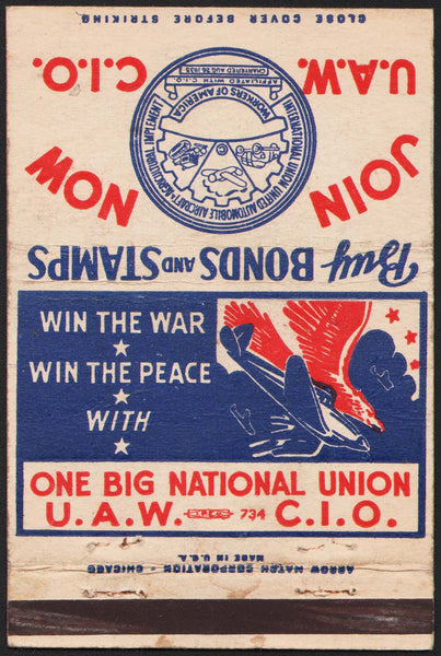 Vintage matchbook cover U A W C I O Unions Buy War Bonds and Stamps eagle plane