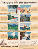 Vintage magazine ad UNION PACIFIC RAILROAD 1949 shield logo and destination pictures