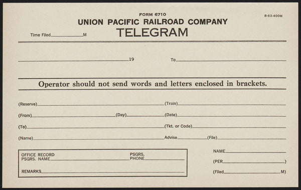 Vintage telegram UNION PACIFIC RAILROAD COMPANY unused new old stock n-mint+