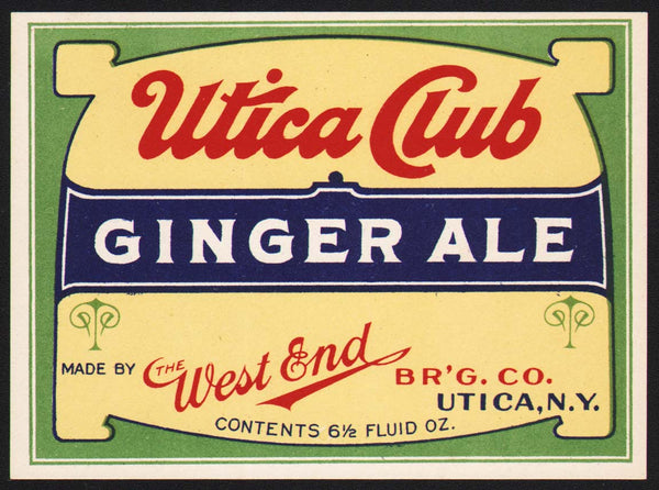 Vintage soda pop bottle label UTICA CLUB GINGER ALE West End Brewing Co NY n-mint+