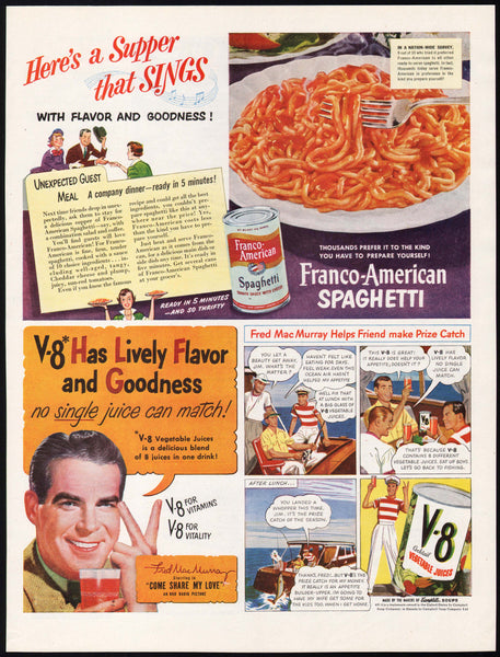 Vintage magazine ad FRANCO AMERICAN SPAGHETTI and V8 JUICE 1950 Fred MacMurray