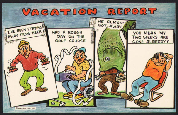Vintage postcard VACATION REPORT Curt Teich with comic cartoon pictured unused