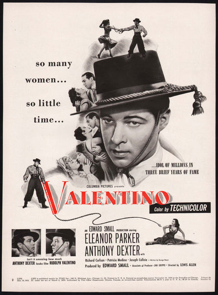 Vintage magazine ad VALENTINO movie from 1951 Eleanor Parker and Anthony Dexter