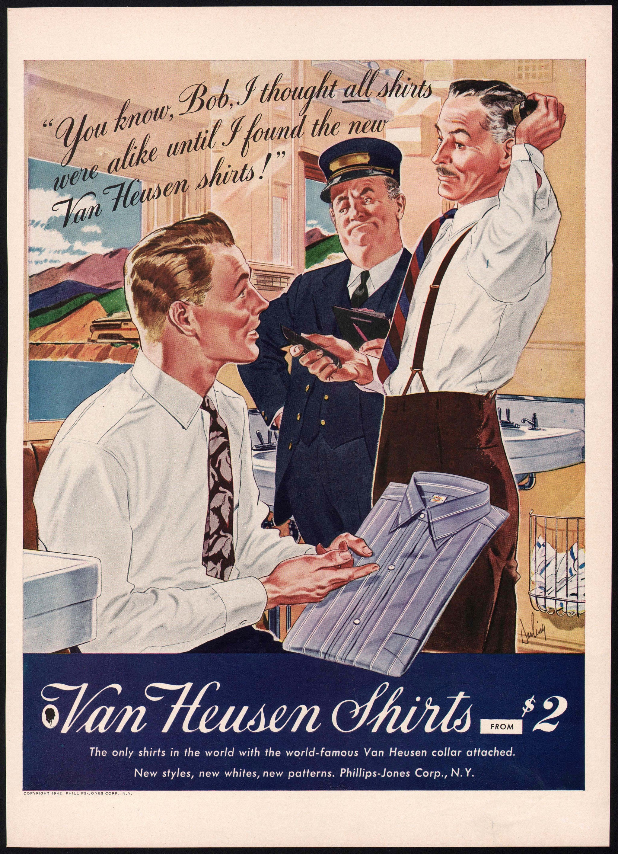 洋書 A HISTORY OF MEN'S FASHION Vintage magazine ad VAN HEUSEN SHIRTS 1942 artwork by