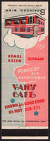 Vintage matchbook cover VANS CAFE with the cafe pictured from Brainerd Minnesota