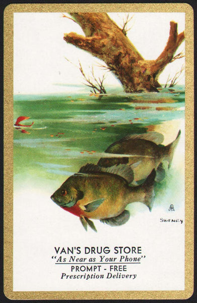 Vintage playing card VANS DRUG STORE fish picture Elgin Illinois Fred Sweney art