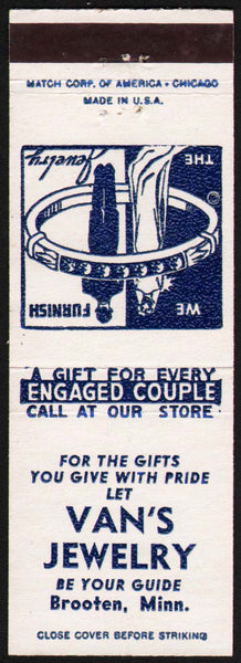 Vintage matchbook cover VANS JEWELRY couple and ring pictured Brooten Minnesota