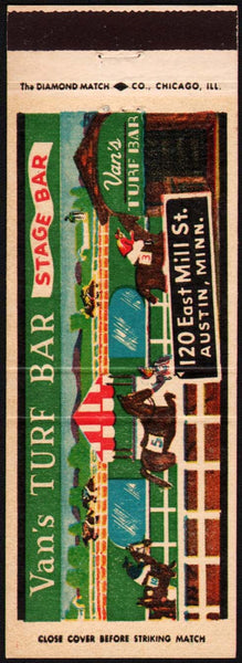 Vintage matchbook cover VANS TURF BAR full length race horses Austin Minnesota
