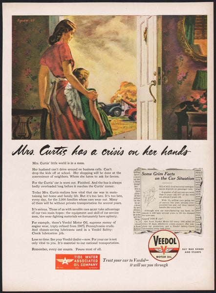 Vintage magazine ad VEEDOL MOTOR OIL 1945 Mrs Curtis crisis Clark Agnew artwork