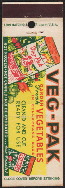 Vintage matchbook cover VEG-PAK Vegetables full length picture of bagged veggies