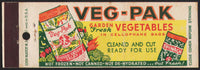 Vintage matchbook cover VEG-PAK Vegetables full length picture of bagged veggies