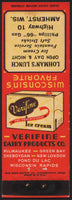 Vintage matchbook cover VERIFINE DAIRY PRODUCTS Lohmans Lunch Amherst Wisconsin