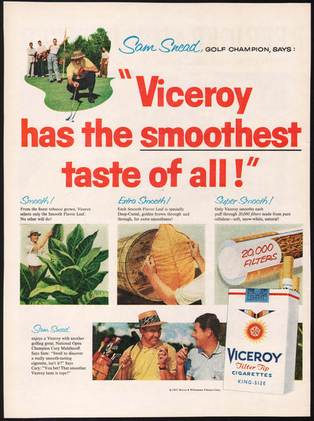 Vintage magazine ad VICEROY CIGARETTES from 1958 picturing pro golfer Sam Snead
