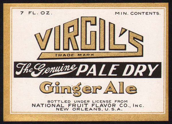 Vintage soda pop bottle label VIRGILS GINGER ALE New Orleans LA new old stock