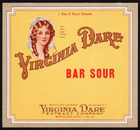 Vintage soda pop bottle label VIRGINIA DARE BAR SOUR Brooklyn NY new old stock