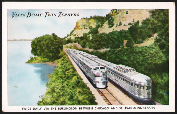 Vintage postcard VISTA DOME TWIN ZEPHYRS Burlington Route railroad trains pictured