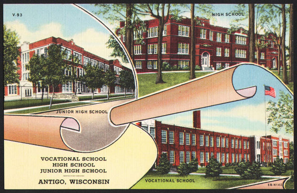Vintage postcard VOCATIONAL JUNIOR HIGH SCHOOL Antigo Wisconsin Curteich linen