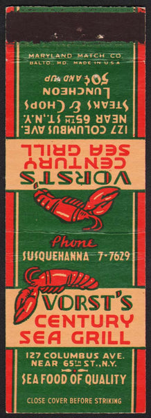 Vintage matchbook cover VORSTS CENTURY SEA GRILL with lobster pictured New York