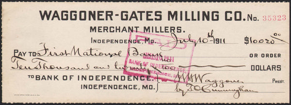 Vintage bank check WAGGONER GATES MILLING CO dated 1911 Independence Missouri
