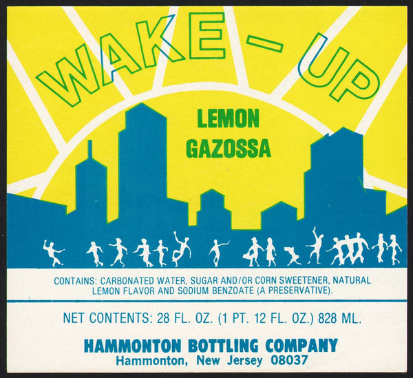 Vintage soda pop bottle label WAKE-UP LEMON GAZOSSA skyline Hammonton New Jersey