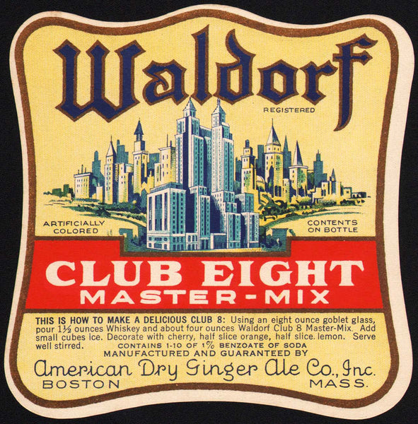Vintage soda pop bottle label WALDORF CLUB EIGHT skyscrapers pictured Boston MA