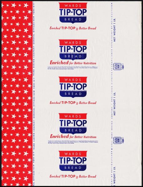 Vintage bread wrapper WARDS TIP TOP dated 1946 New York unused new old stock