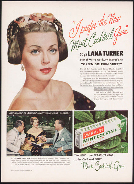 Vintage magazine ad WARRENS MINT COCKTAIL GUM from 1947 Lana Turner pictured