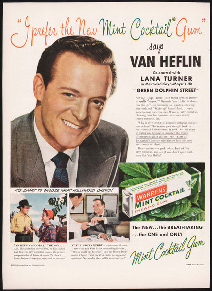 Vintage magazine ad WARRENS MINT COCKTAIL CHEWING GUM from 1947 Van Heflin pictured