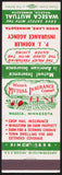 Vintage matchbook cover WASECA MUTUAL insurance P J Koehler Wood Lake Minnesota