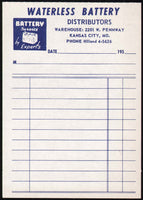 Vintage receipt WATERLESS BATTERY DISTRIBUTORS Kansas City Missouri unused n-mint