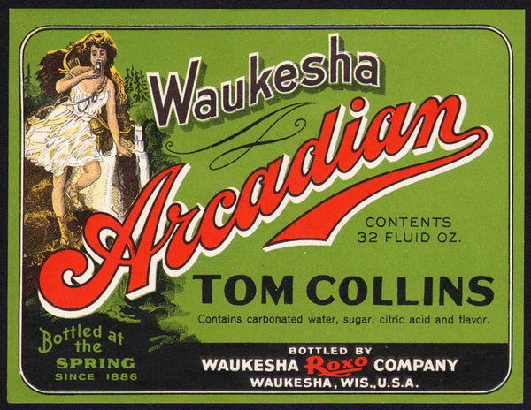 Vintage soda pop bottle label WAUKESHA ARCADIAN TOM COLLINS woman pictured n-mint+