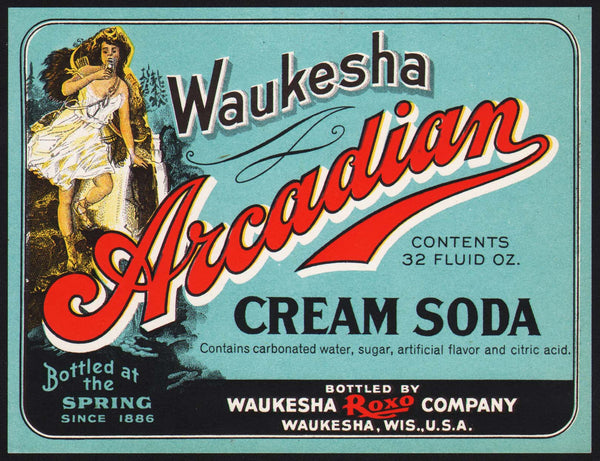 Vintage soda pop bottle label WAUKESHA ARCADIAN CREAM SODA woman pictured n-mint+