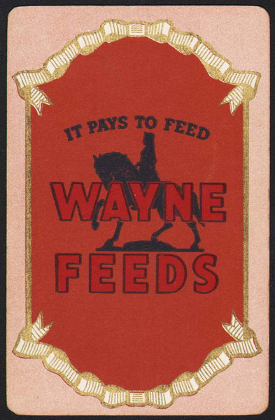 Vintage playing card WAYNE FEEDS man on horse pictured It Pays To Feed slogan