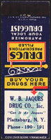 Vintage matchbook cover W B JAQUES DRUG CO mortar pestle Plattsburg New York