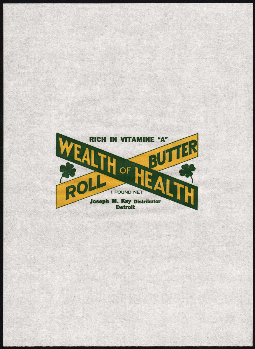 Vintage wrapper WEALTH OF HEALTH BUTTER 4 leaf clover Joseph Kay Detro ...