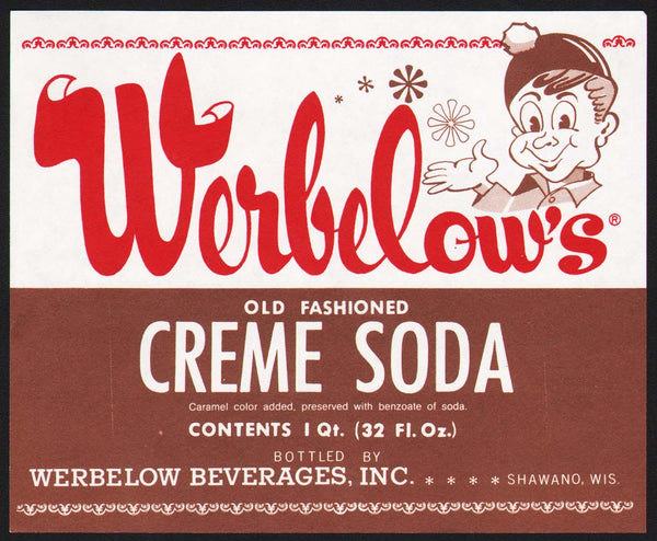 Vintage soda pop bottle label WERBELOWS CRÈME SODA leprechaun Shawano Wisconsin