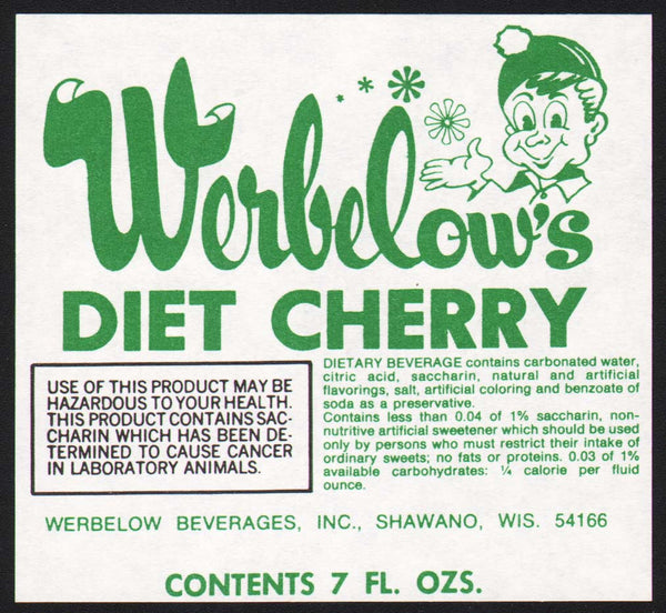 Vintage soda pop bottle label WERBELOWS DIET CHERRY leprechaun Shawano Wisconsin