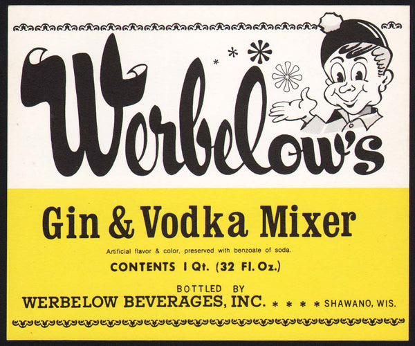 Vintage soda pop bottle label WERBELOWS GIN VODKA MIXER leprechaun Shawano Wisconsin