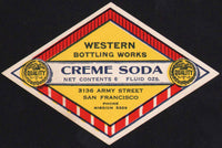 Vintage soda pop bottle label WESTERN CREME SODA San Francisco California n-mint+