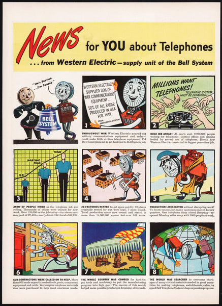 Vintage magazine ad WESTERN ELECTRIC Bell System from 1947 with cartoon 2 page