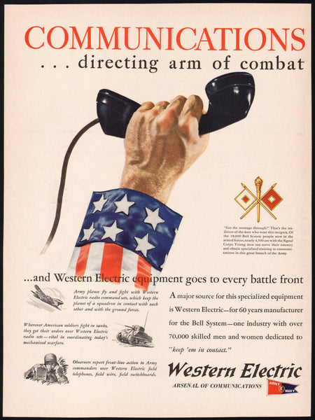 Vintage magazine ad WESTERN ELECTRIC COMMUNICATIONS 1942 Army Navy pennant WWII