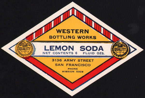 Vintage soda pop bottle label WESTERN LEMON SODA San Francisco California n-mint+