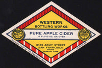 Vintage soda pop bottle label WESTERN APPLE CIDER San Francisco California n-mint