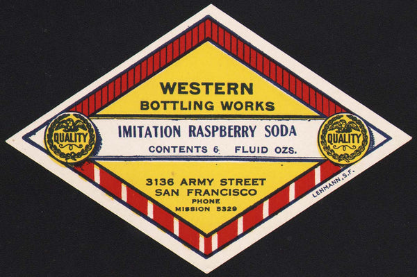 Vintage soda pop bottle label WESTERN RASPBERRY San Francisco California n-mint+