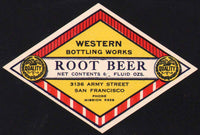 Vintage soda pop bottle label WESTERN ROOT BEER San Francisco California n-mint