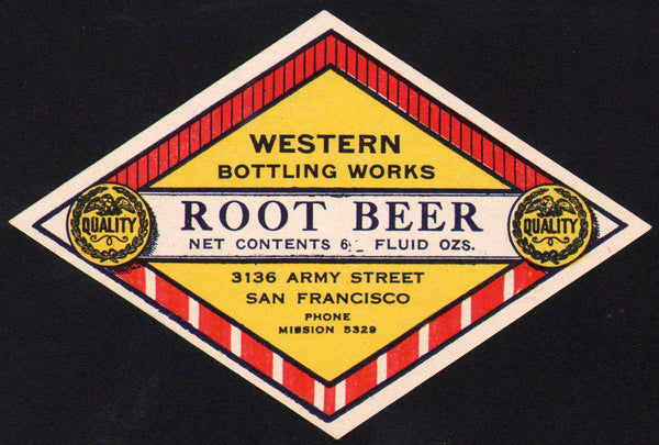 Vintage soda pop bottle label WESTERN ROOT BEER San Francisco California n-mint