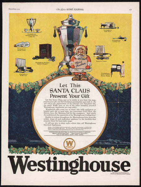 Vintage magazine ad WESTINGHOUSE from 1924 picturing appliances and Santa Claus
