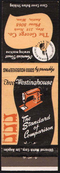 Vintage matchbook cover WESTINGHOUSE SEWING MACHINE George Co Austin Minnesota