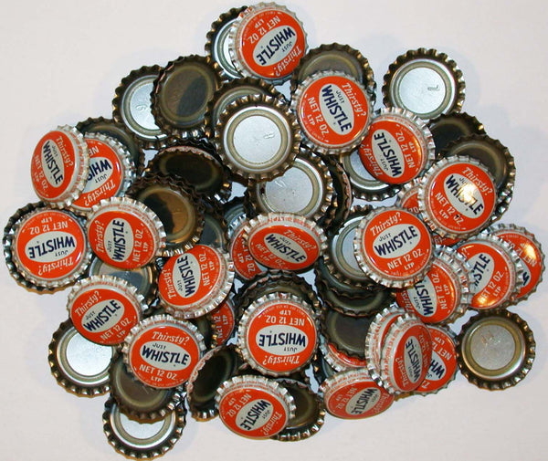 Soda pop bottle caps Lot of 100 THIRSTY JUST WHISTLE plastic lined new old stock