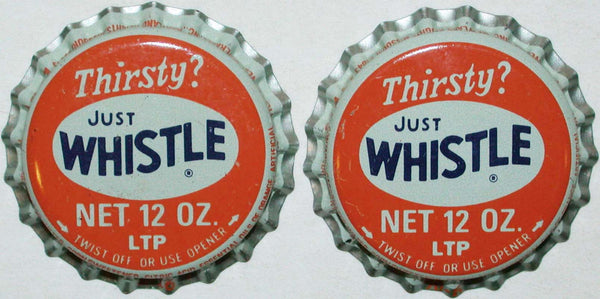 Soda pop bottle caps THIRSTY JUST WHISTLE Lot of 2 plastic lined new old stock